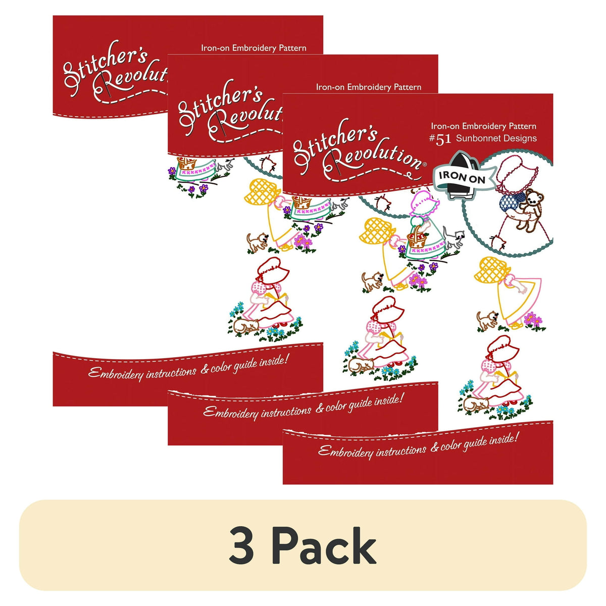 (3 pack) Stitcher's Revolution Sunbonnet Iron-on Transfer Pattern for Embroidery, 7 Designs