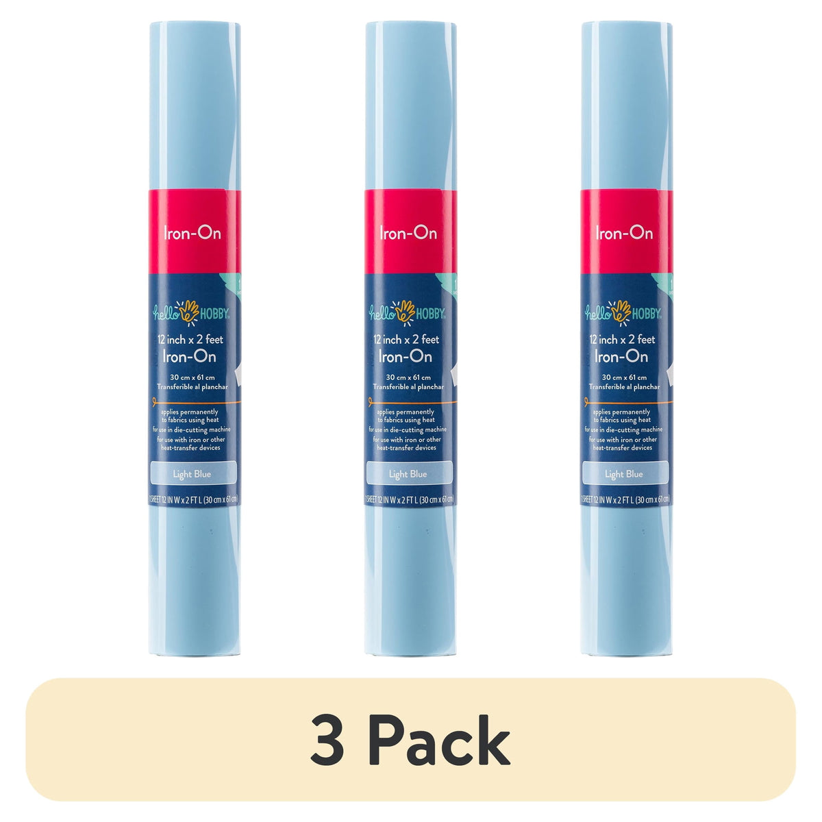 (3 pack) Hello Hobby 12" x 2' Light Blue Iron-On Craft Vinyl Roll