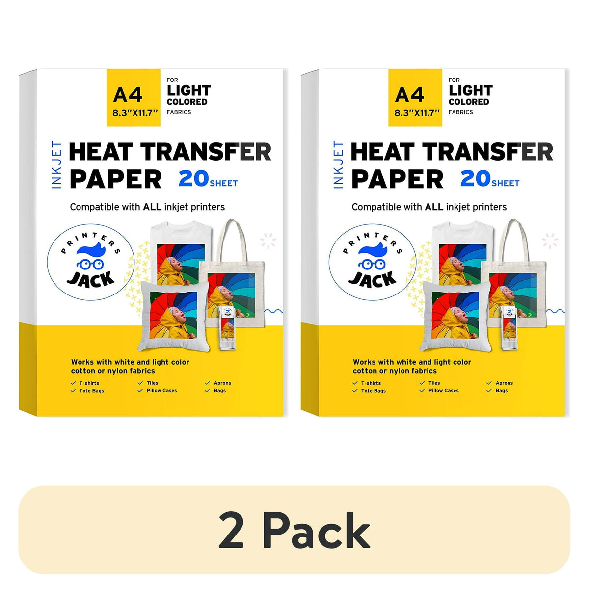(2 pack) Printers Jack Iron on Heat Transfer Paper for White and Light Fabric, 1 Layer, 20 Sheets 8.3x11.7 inch