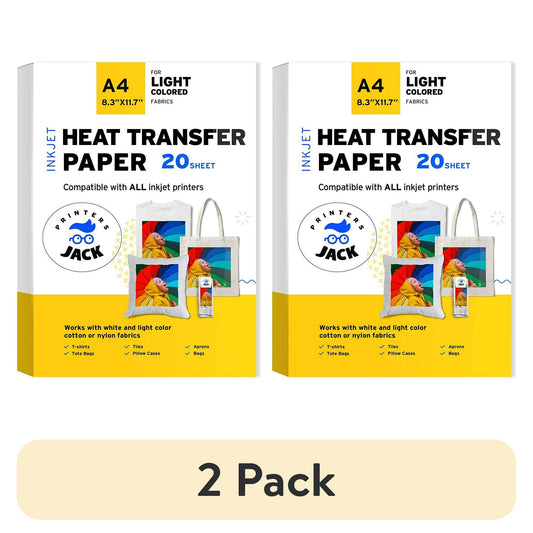 (2 pack) Printers Jack Iron on Heat Transfer Paper for White and Light Fabric, 1 Layer, 20 Sheets 8.3x11.7 inch