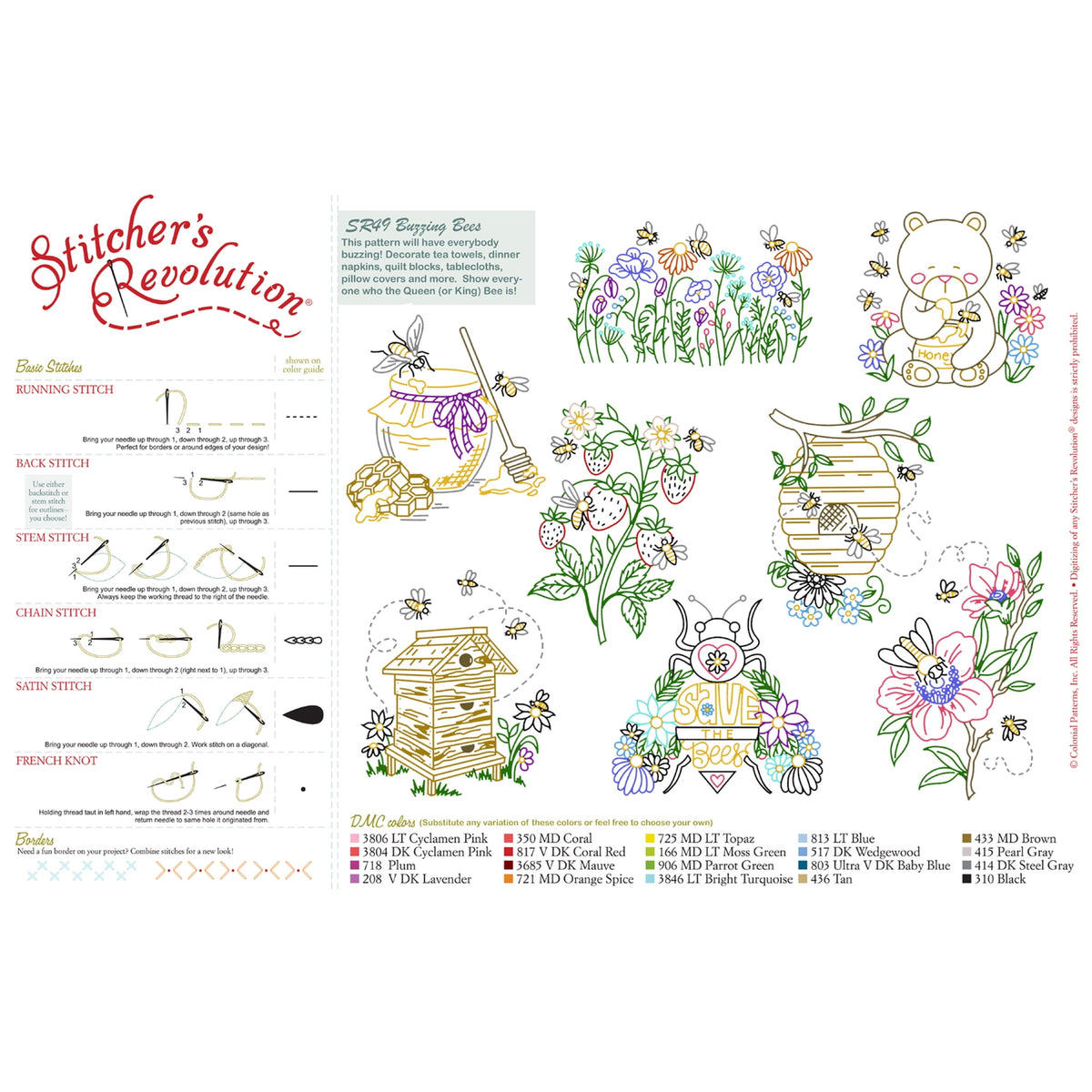 (3 pack) Stitcher's Revolution Buzzing Bees Iron OnTransfer Pattern for Embroidery, 8 Designs — product image 4