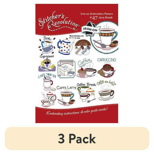 (3 pack) Stitcher's Revolution Java Break Iron OnTransfer Pattern for Embroidery, 12 Designs