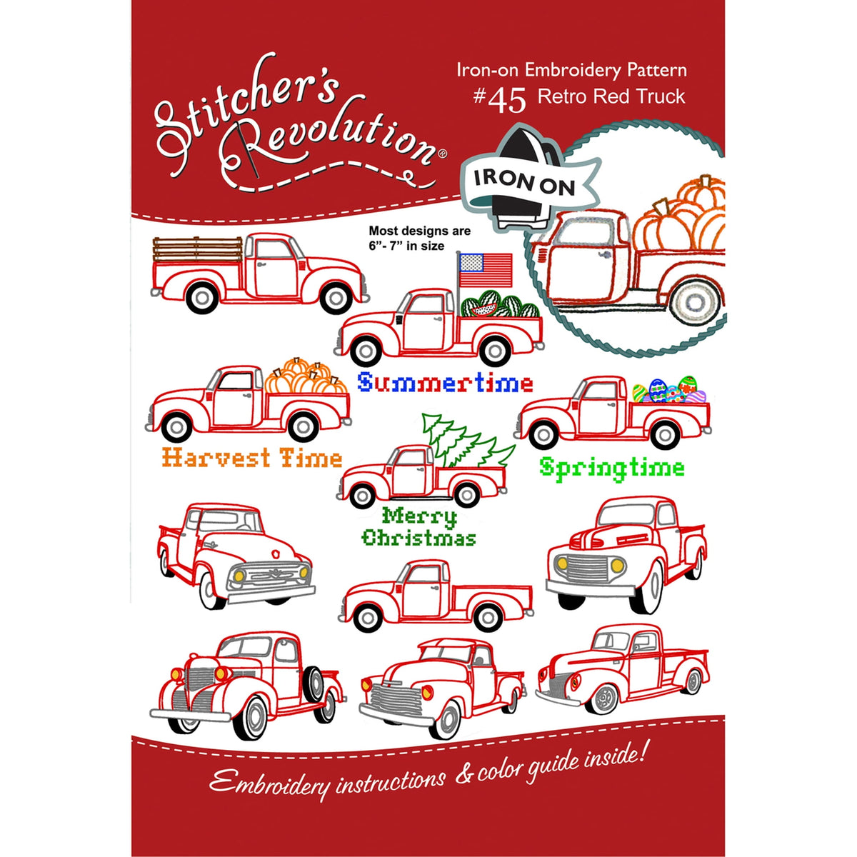 (3 pack) Stitcher's Revolution Retro Red Truck Iron On Pattern for Embroidery, 11 Designs — product image 2
