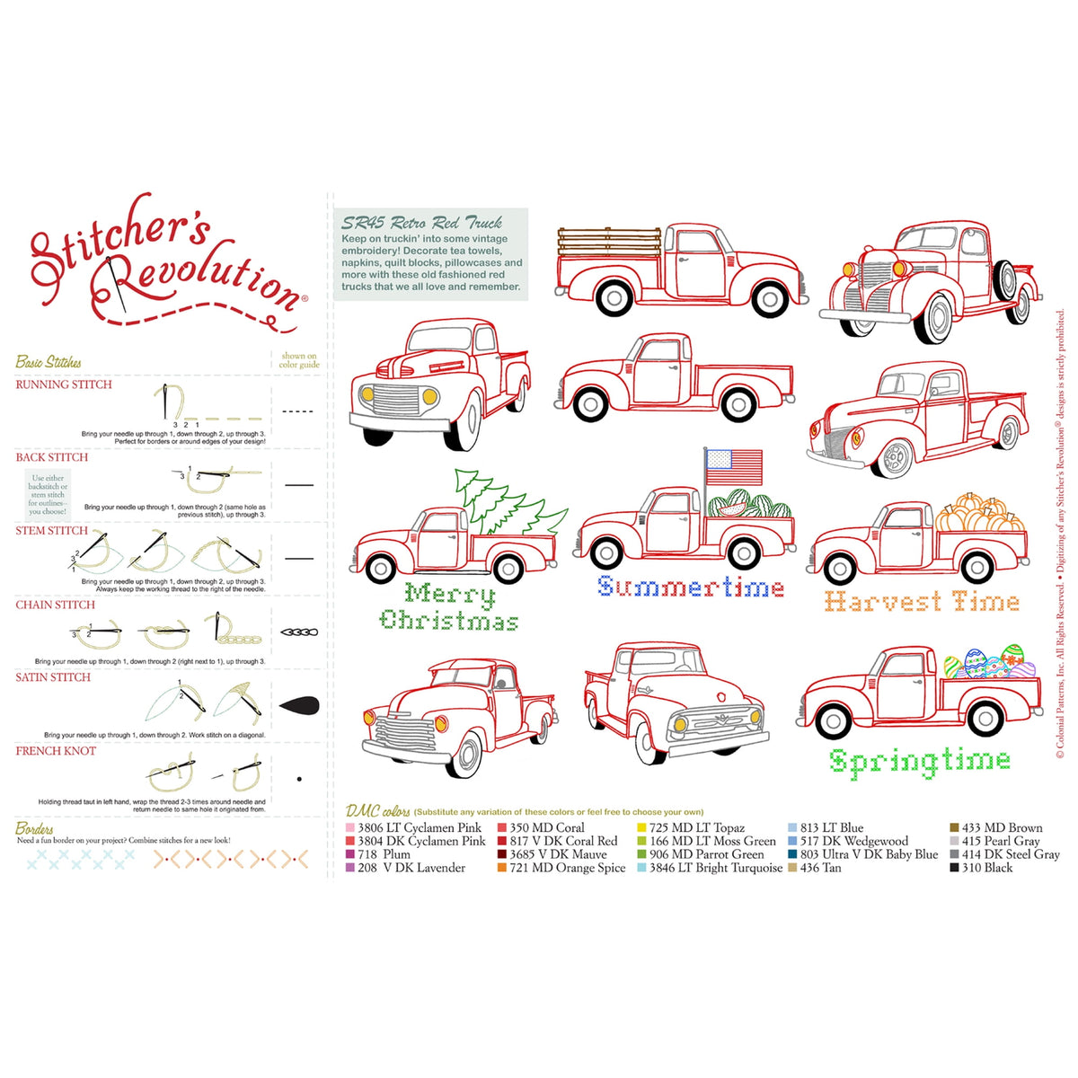 (3 pack) Stitcher's Revolution Retro Red Truck Iron On Pattern for Embroidery, 11 Designs — product image 4