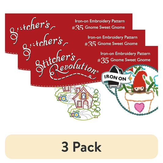 (3 pack) Stitcher's Revolution Gnome Sweet Gnome Iron On Transfer Embroidery Pattern, 9 Designs
