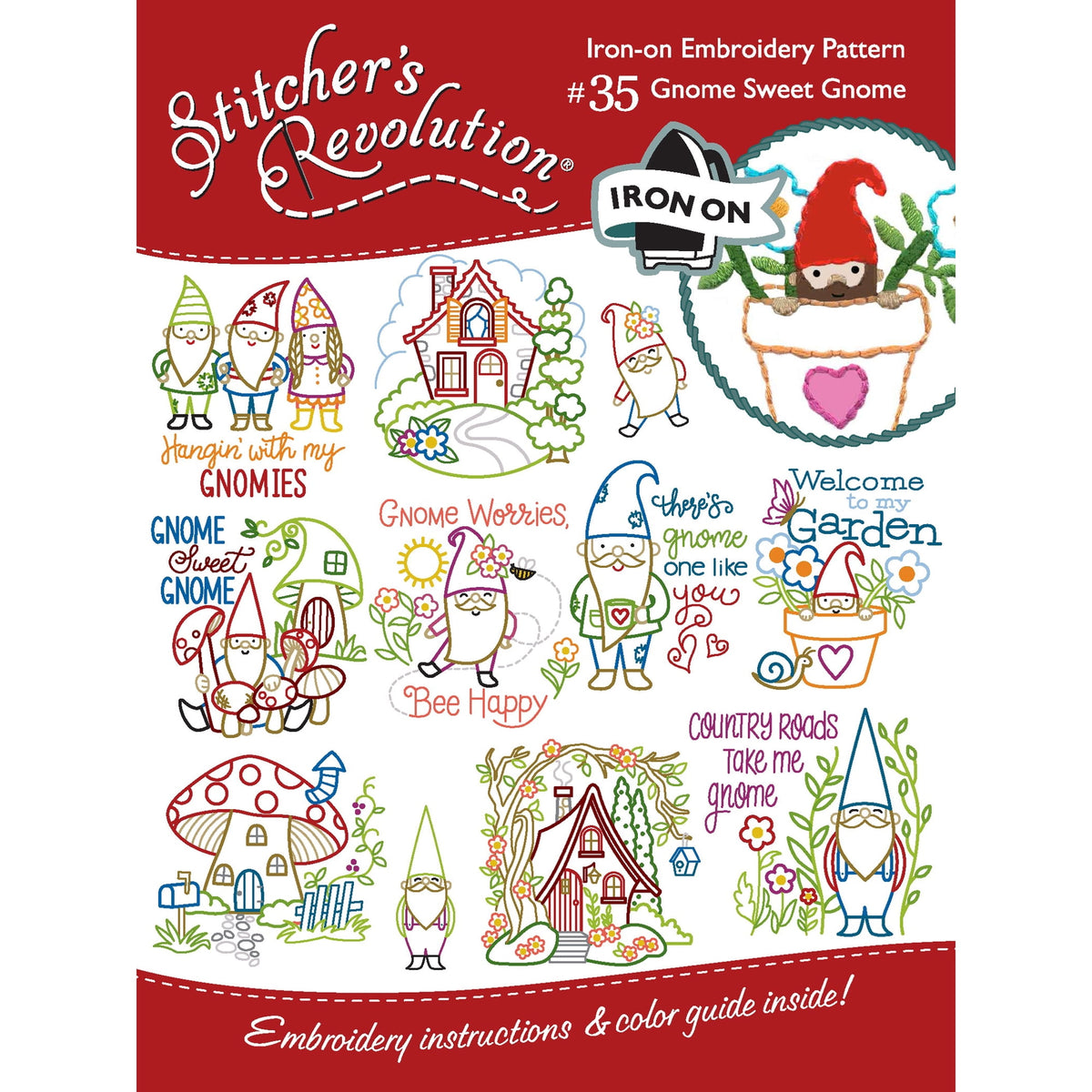 (3 pack) Stitcher's Revolution Gnome Sweet Gnome Iron On Transfer Embroidery Pattern, 9 Designs — product image 2
