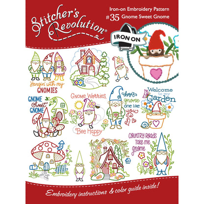 (3 pack) Stitcher's Revolution Gnome Sweet Gnome Iron On Transfer Embroidery Pattern, 9 Designs — product image 2