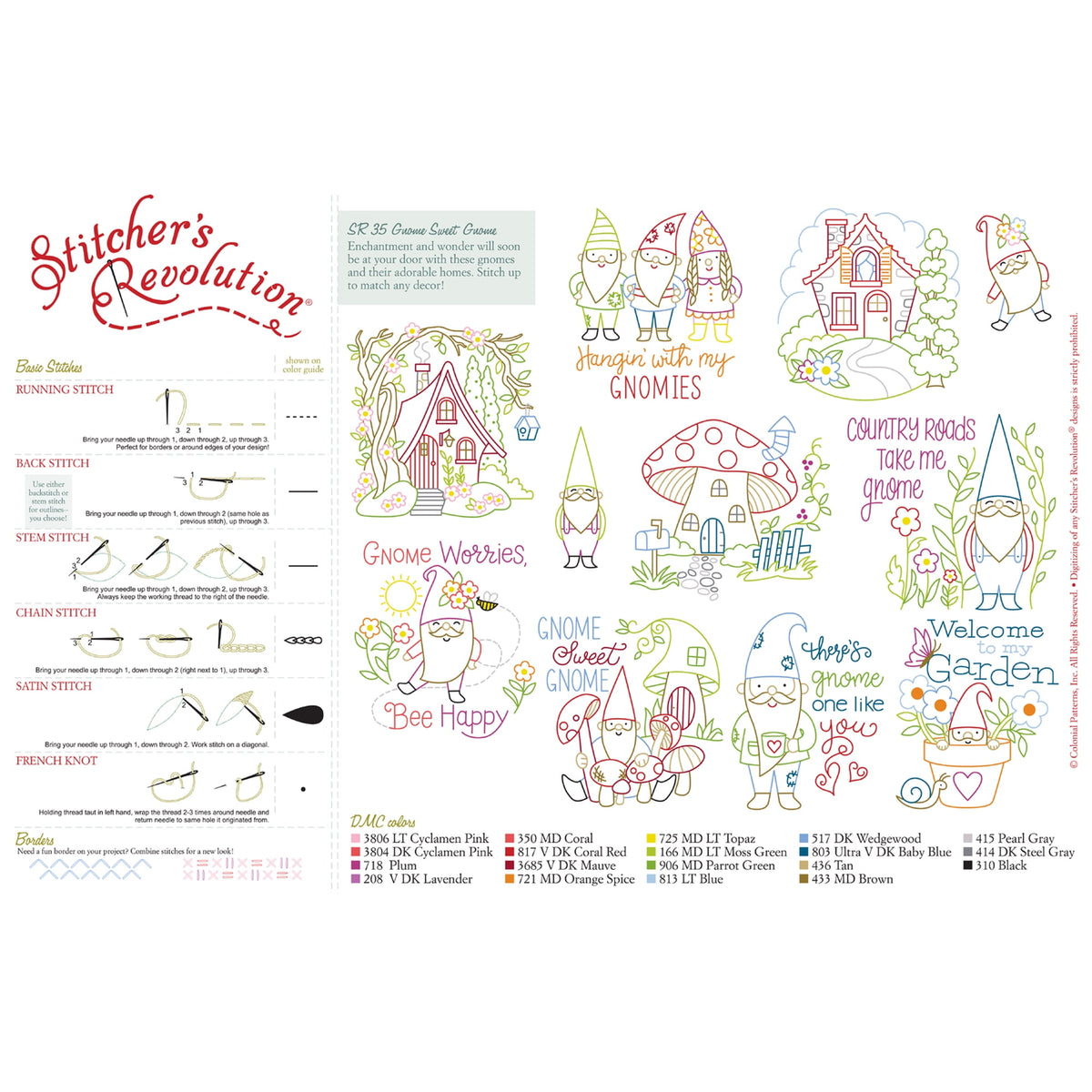 (3 pack) Stitcher's Revolution Gnome Sweet Gnome Iron On Transfer Embroidery Pattern, 9 Designs — product image 4
