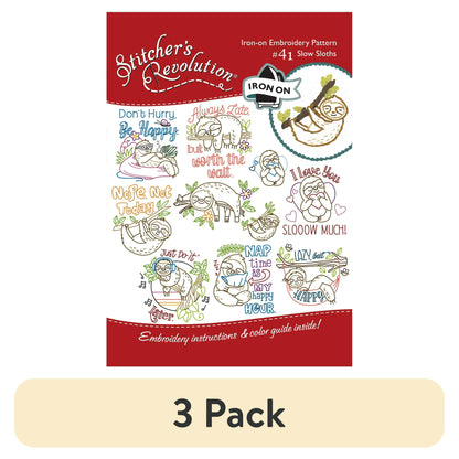 (3 pack) Sloths Iron-on Transfer Pattern for Embroidery and Painting by Stitcher's Revolution Brand