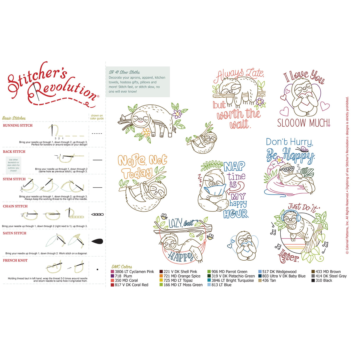 (3 pack) Sloths Iron-on Transfer Pattern for Embroidery and Painting by Stitcher's Revolution Brand — product image 3