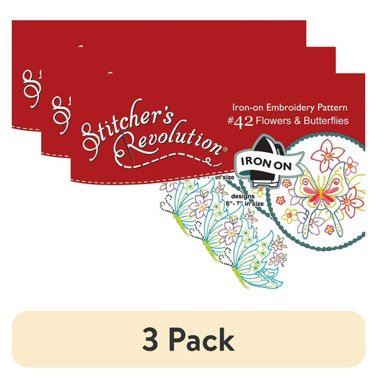 (3 pack) Flowers and Butterflies Iron On Transfer Pattern for Embroidery, 12 Designs