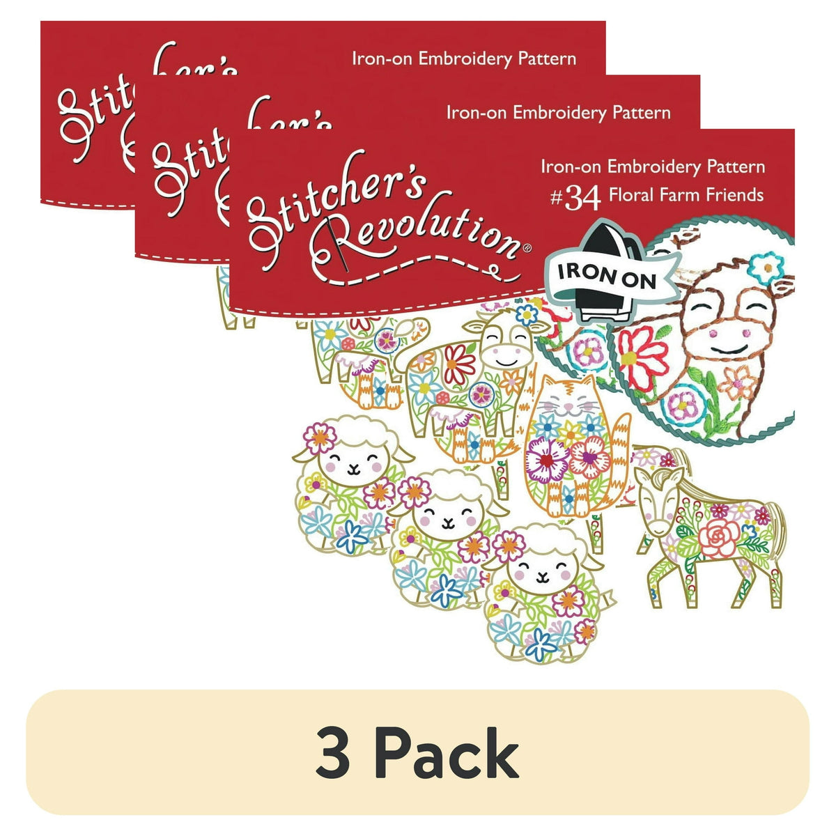 (3 pack) Floral Farm Friends Iron-on Transfers for Embroidery and Fabric Painting by Stitcher's Revolution