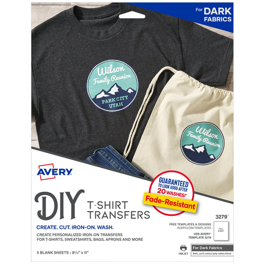 Avery DIY Fabric Transfers, Dark Fabrics, 8-1/2" x 11", Paper, Inkjet, Iron-on, 4 Blank Sheets