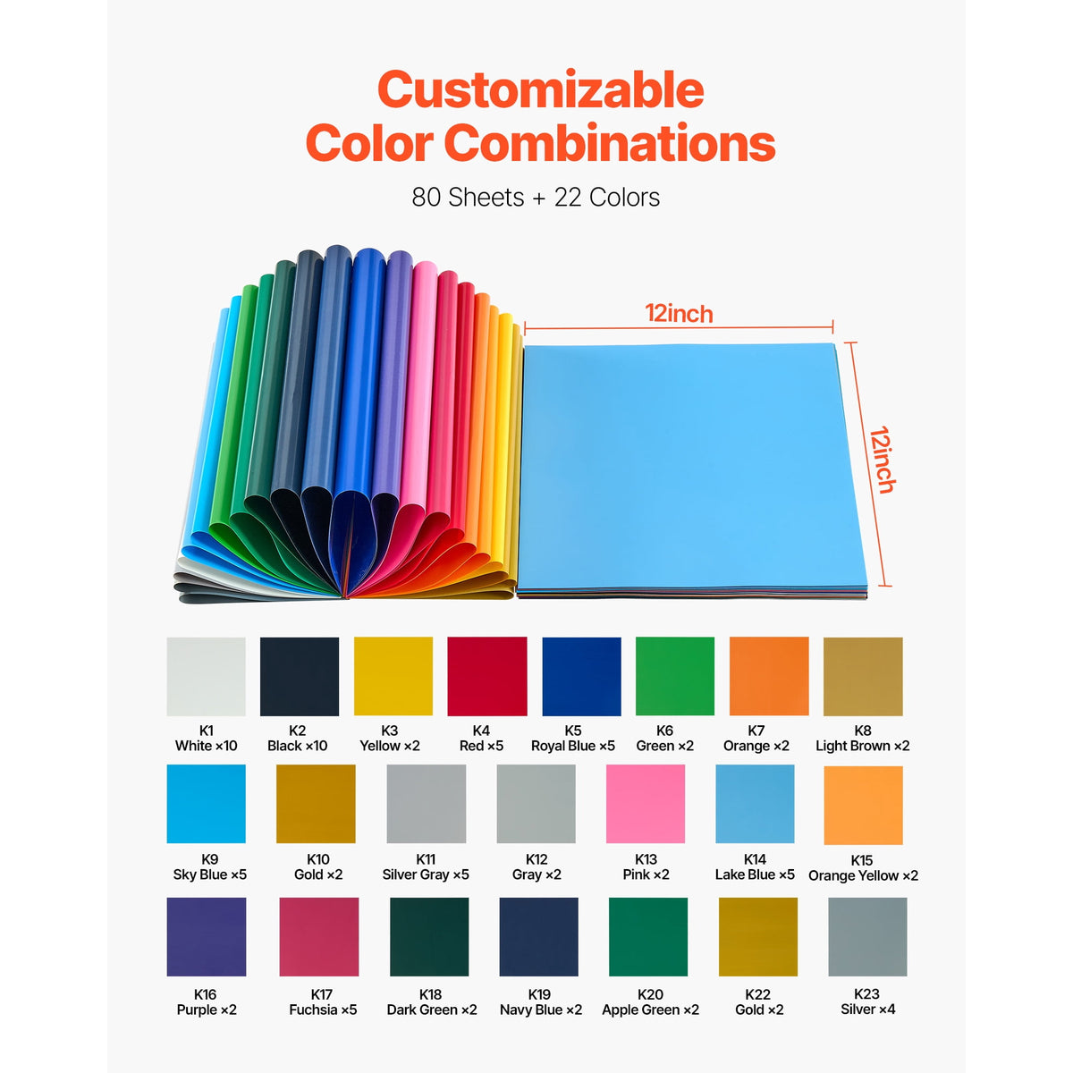 KFFKFF Heat Transfer Vinyl Bundle, 80 Sheets, 12 x 12 in, Multicolor HTV Iron-On Vinyl Set, Simple to Cut and Weed, Includes Accessories, Works with Cutting Machines, Suitable for T-Shirts — product image 6