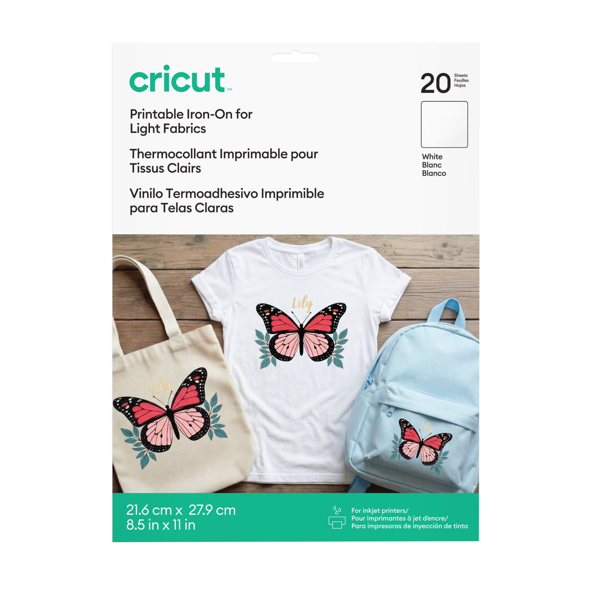 Cricut Printable Iron-On™ Vinyl For Light Fabrics 8.5x11 (20), 8.5" x 11", White