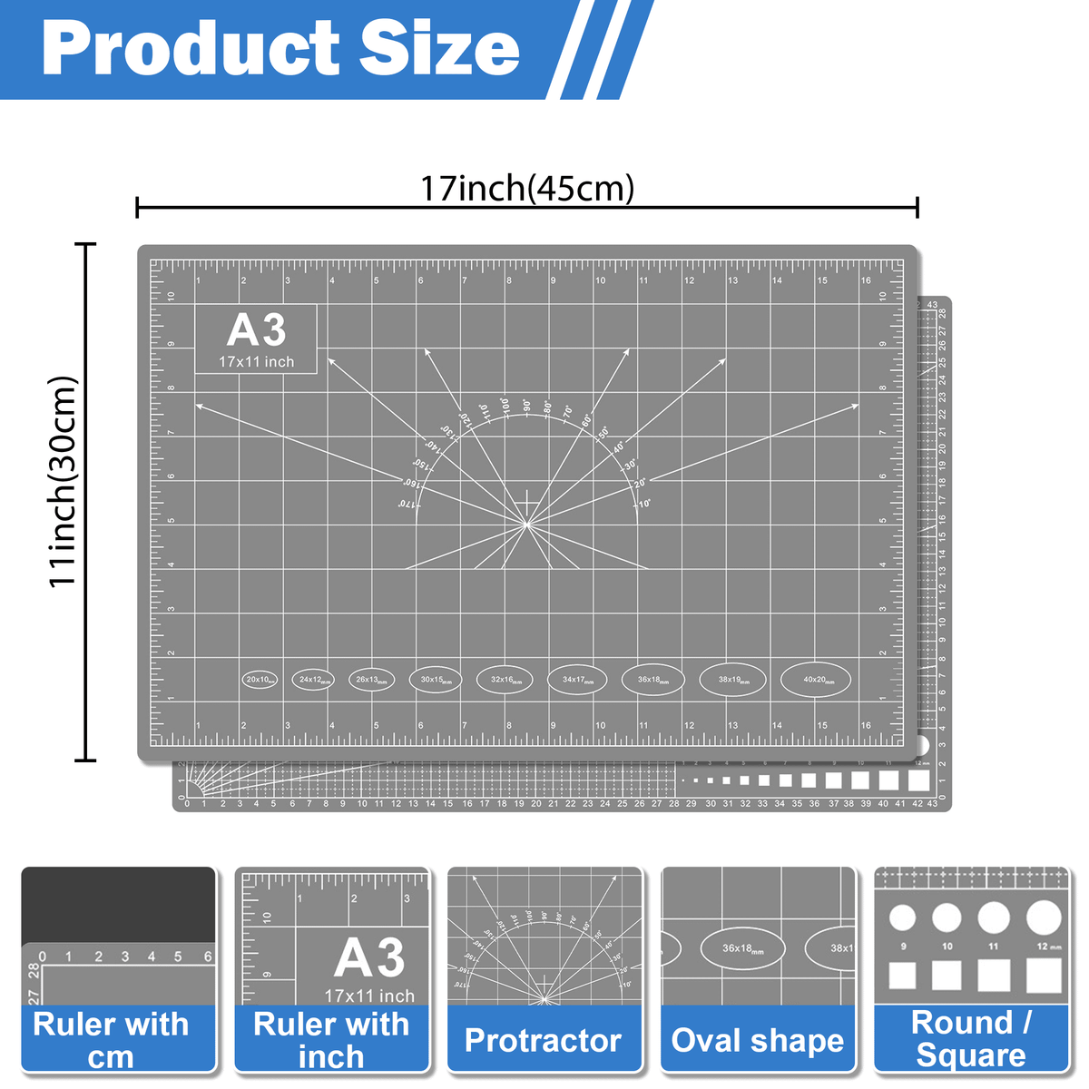17x11 Inch Cutting Mat, A3 Size Self Healing Cutting Mat Pad, Double Sided Large Size Craft Cutting Pad, Non Slip Art Cutting Mat with Grid Ruler for DIY Craft Sewing — product image 2