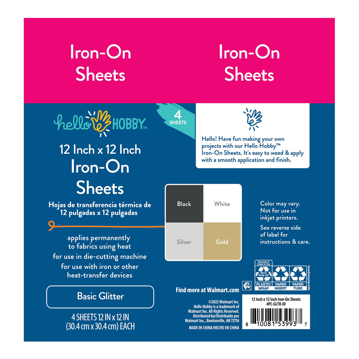 Hello Hobby 12" x 12" Basic Glitter Sampler Iron-On Sheets (4 Count) — product image 4
