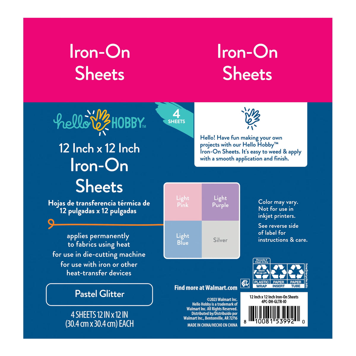 Hello Hobby 12" x 12" Pastel Glitter Sampler Iron-On Sheets (4 Count) — product image 4