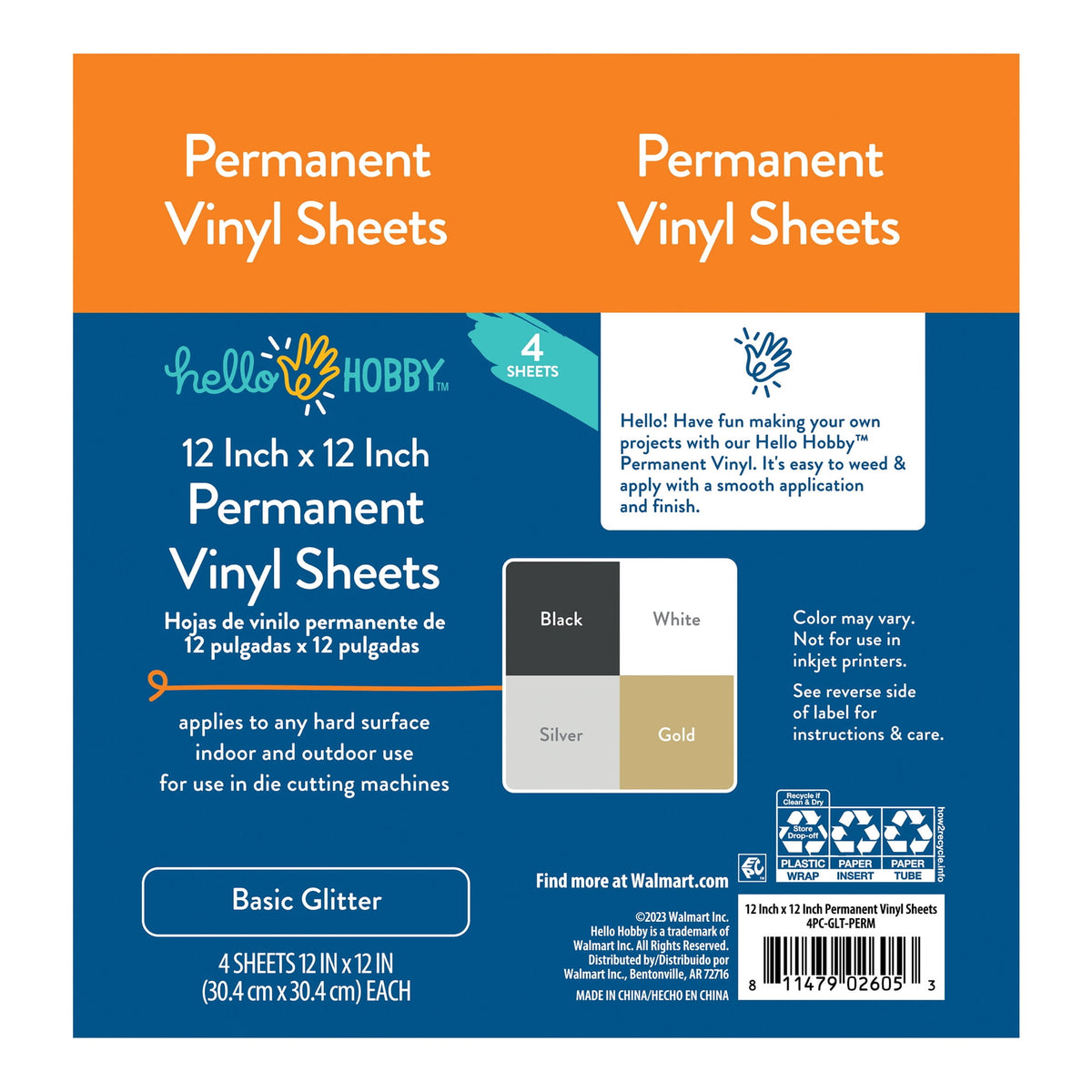 Hello Hobby 12" x 12" Basic Glitter Sampler Permanent Craft Vinyl Sheets (4 Count) — product image 3