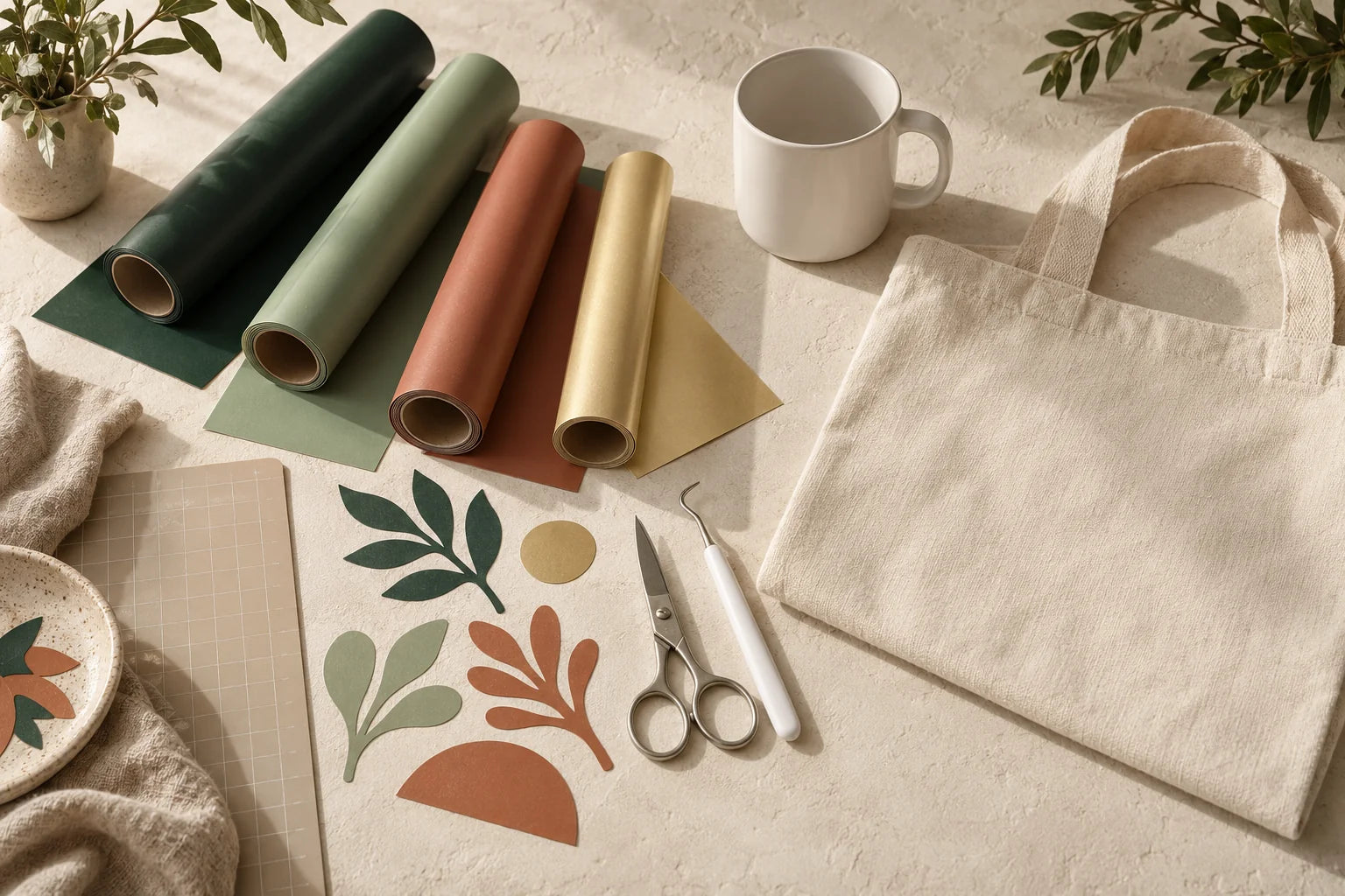 Styled illustration of vinyl, cutting tools, a plain mug, and a cotton tote on a sunlit craft table